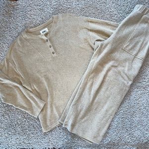 Madewell MWL Cozybrushed Henley Top Straight Sweatpants Set Camel Tan Size Large